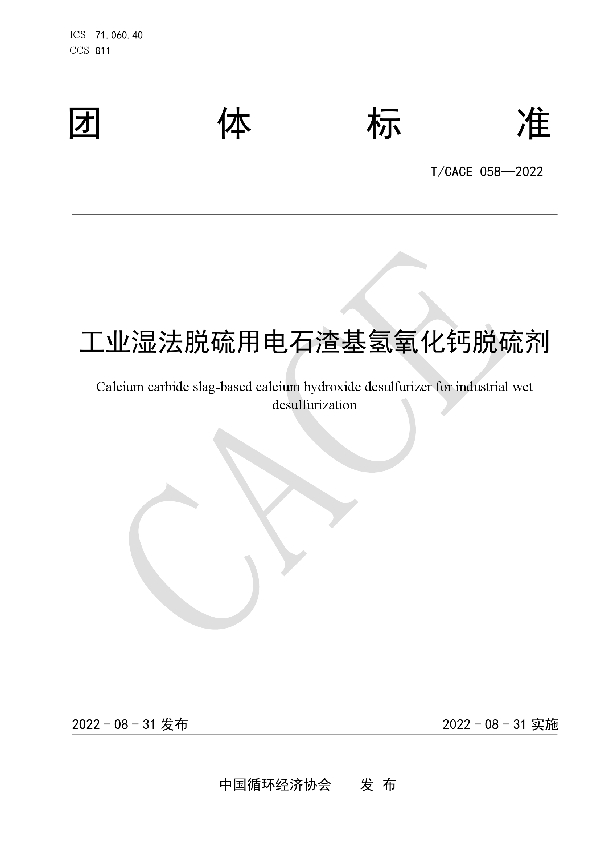 T/CACE 058-2022 工业湿法脱硫用电石渣基氢氧化钙脱硫剂