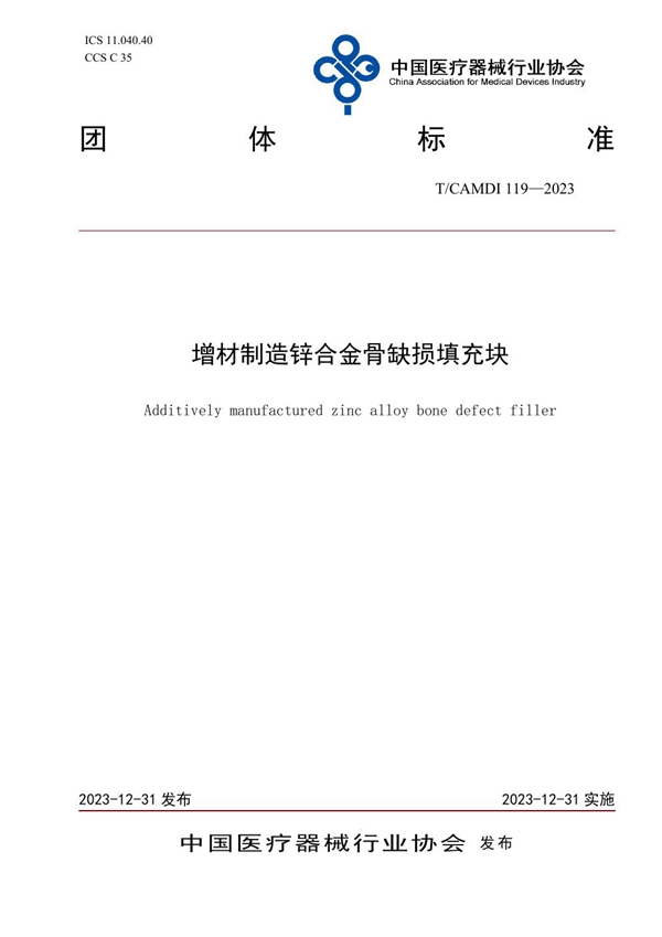 T/CAMDI 119-2023 增材制造锌合金骨缺损填充块