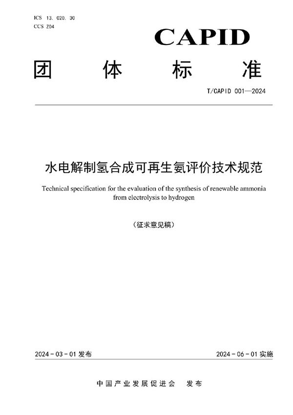 T/CAPID 001-2024 水电解制氢合成可再生氨评价技术规范