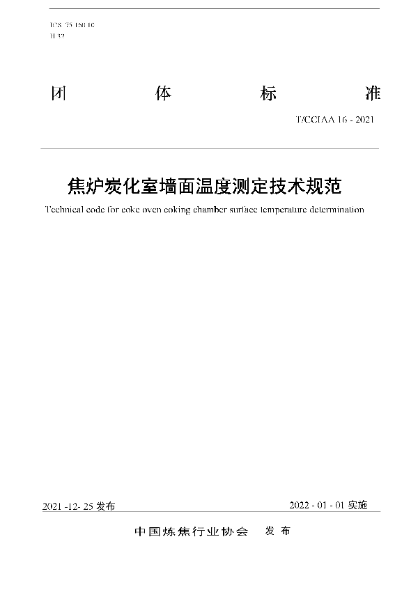 T/CCIAA 16-2021 焦炉炭化室墙面温度测定技术规范