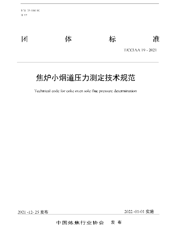 T/CCIAA 19-2021 焦炉小烟道压力测定技术规范