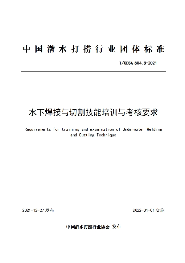 T/CDSA 504.8-2021 水下焊接与切割技能培训与考核要求