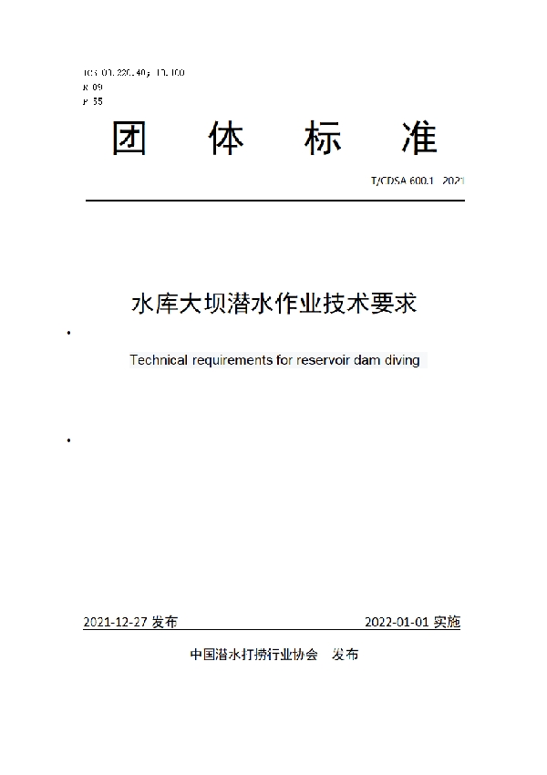 T/CDSA 600.1-2021 水库大坝潜水作业技术要求