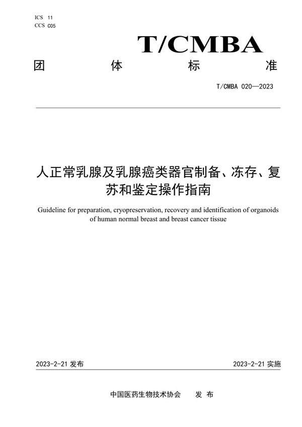 T/CMBA 020-2023 人正常乳腺及乳腺癌类器官制备、冻存、复苏和鉴定操作指南