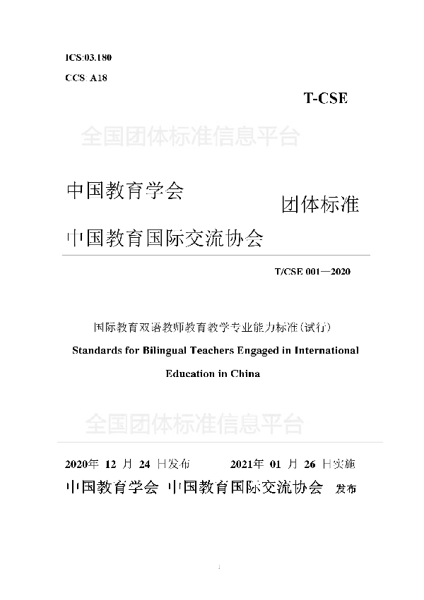 T/CSE 001-2020 国际教育双语教师教育教学专业能力标准