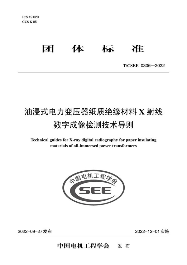 T/CSEE 0306-2022 油浸式电力变压器纸质绝缘材料 X 射线数字成像检测技术导则