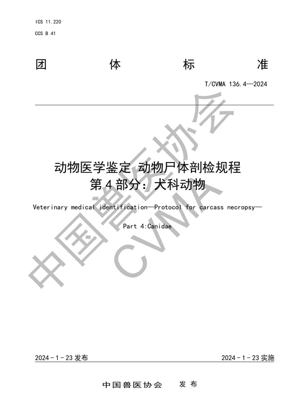 T/CVMA 136.4-2024 动物医学鉴定 动物尸体剖检规程 第 4 部分：犬科动物