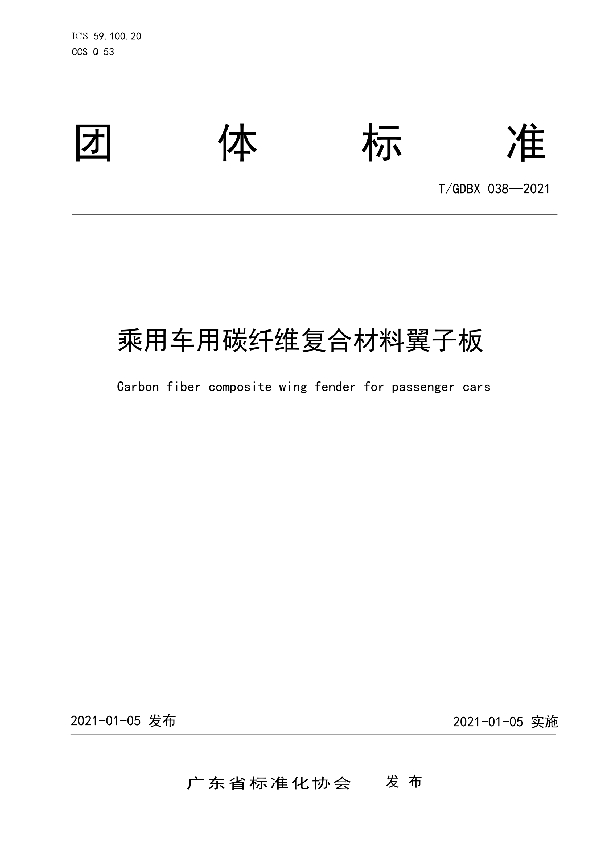 T/GDBX 038-2021 乘用车用碳纤维复合材料翼子板