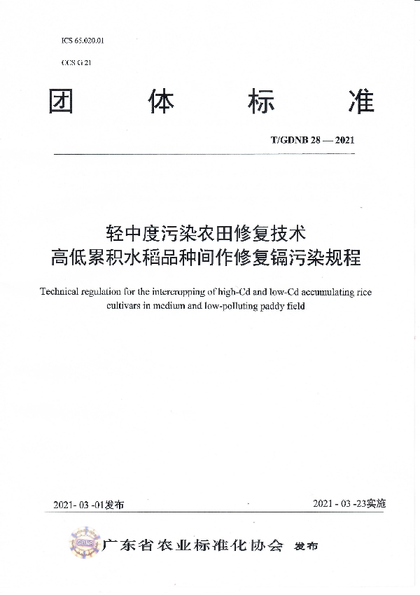 T/GDNB 28-2021 轻中度污染农田修复技术 高低累积水稻品种间作修复镉污染规程