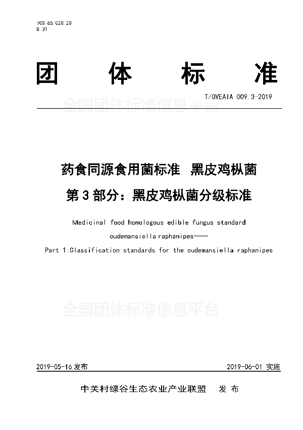 T/GVEAIA 009.3-2019 药食同源食用菌标准 黑皮鸡枞菌 第3部分：黑皮鸡枞菌分级标准