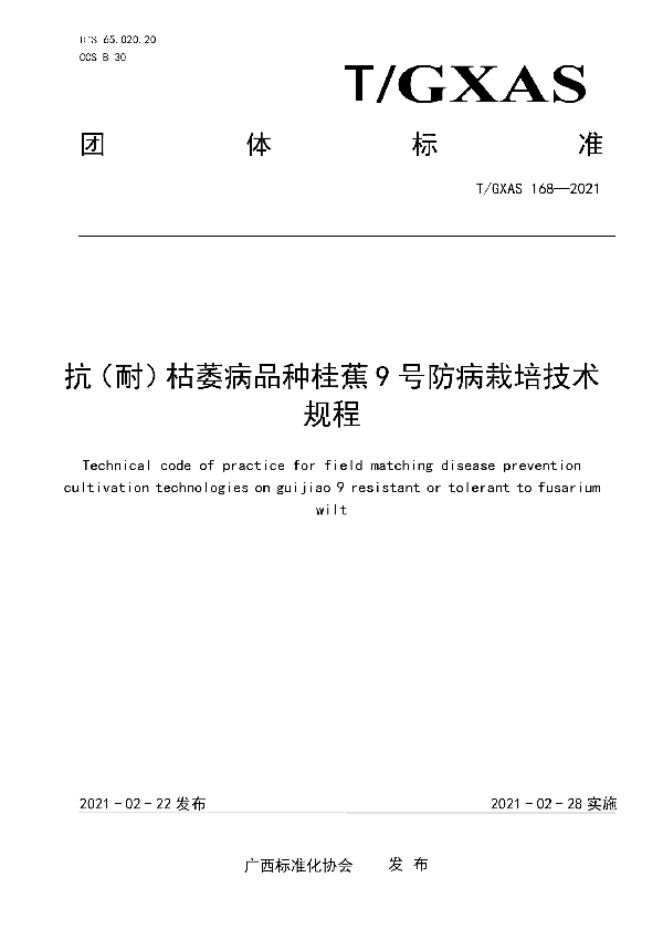 T/GXAS 168-2021 抗（耐）枯萎病品种桂蕉9 号防病栽培技术规程