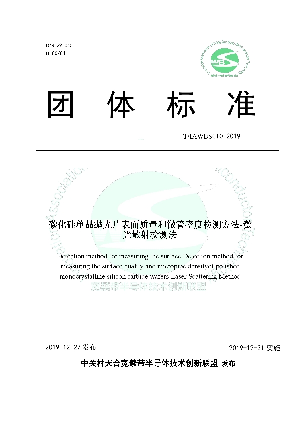 T/IAWBS 010-2019 碳化硅单晶抛光片表面质量和微管密度检测方法-激光散射检测法