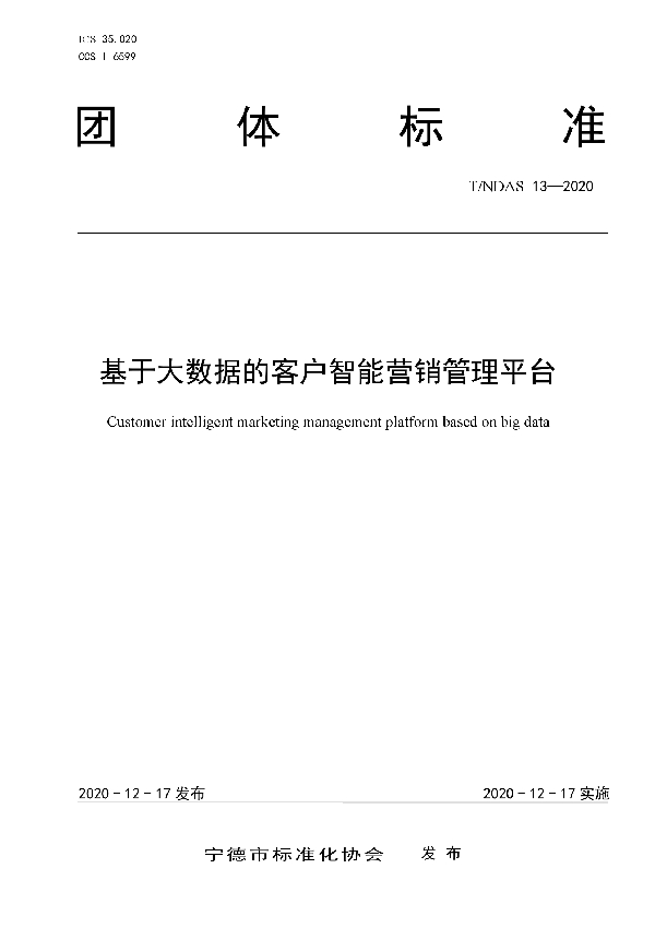 T/NDAS 13-2020 基于大数据的客户智能营销管理平台