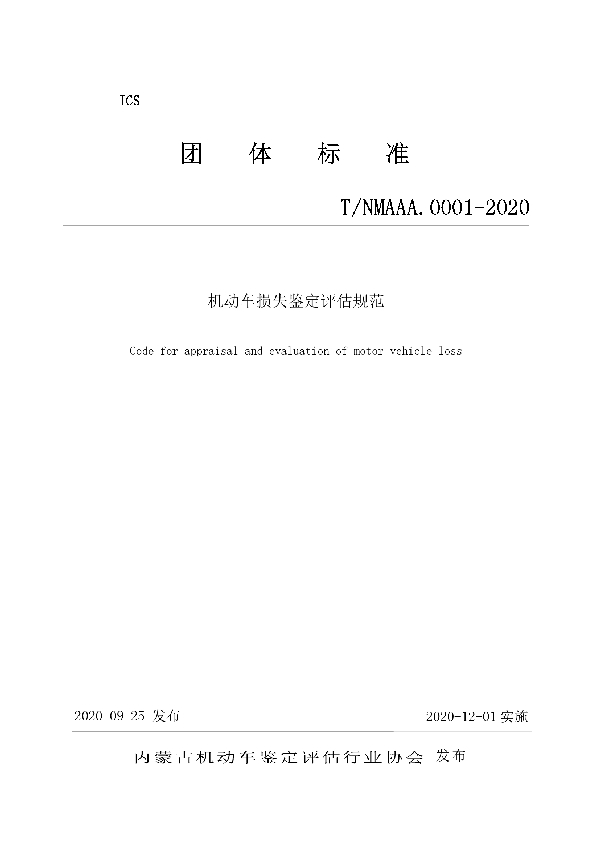 T/NMAAA 0001-2020 机动车损失鉴定评估规范