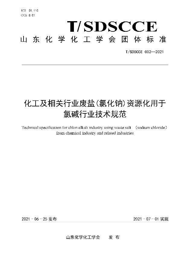 T/SDSCCE 002-2021 化工及相关行业废盐(氯化钠)资源化用于氯碱行业技术规范