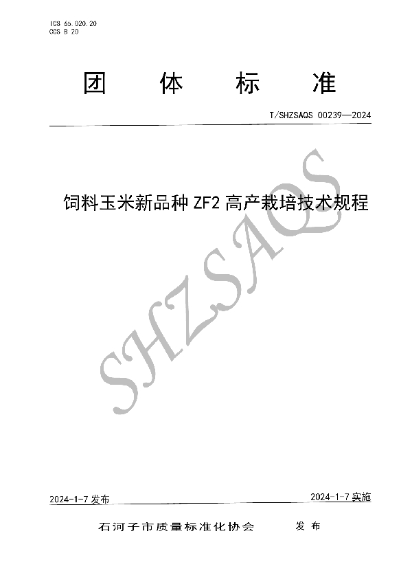 T/SHZSAQS 00239-2024 饲料玉米新品种ZF2高产栽培技术规程