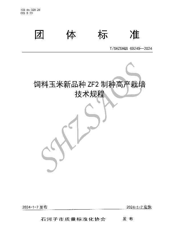 T/SHZSAQS 00240-2024 饲料玉米新品种ZF2制种高产栽培技术规程