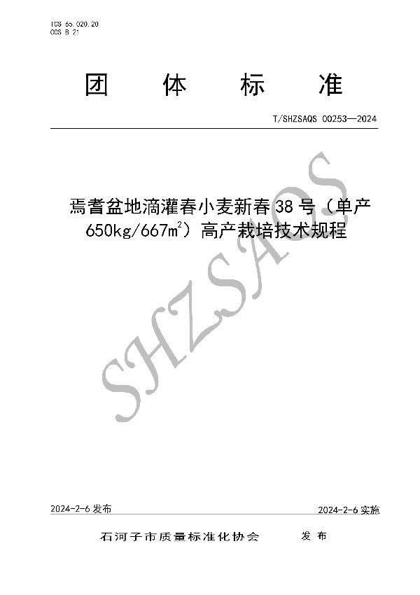 T/SHZSAQS 00253-2024 焉耆盆地滴灌春小麦新春38号（单产650kg/667㎡） 高产栽培技术规程