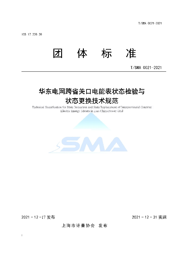 T/SMA 0021-2021 华东电网跨省关口电能表状态检验与状态更换技术规范