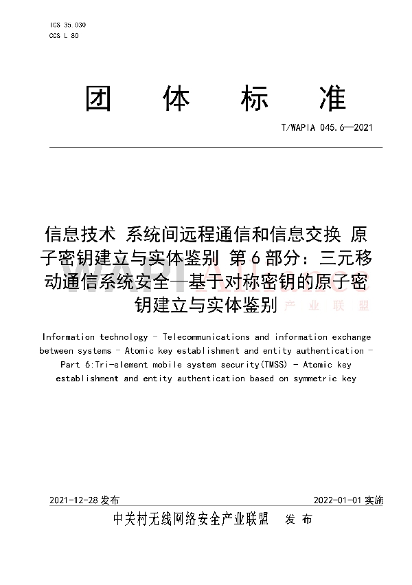 T/WAPIA 045.6-2021 信息技术 系统间远程通信和信息交换 原子密钥建立与实体鉴别 第6部分：三元移动通信系统安全—基于对称密钥的原子密钥建立与实体鉴别