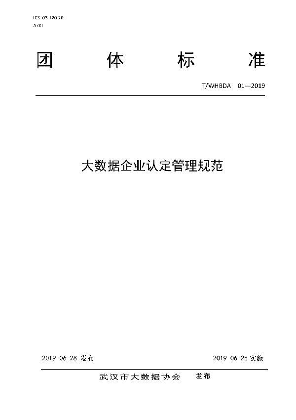 T/WHBDA 01-2019 大数据企业认定管理规范