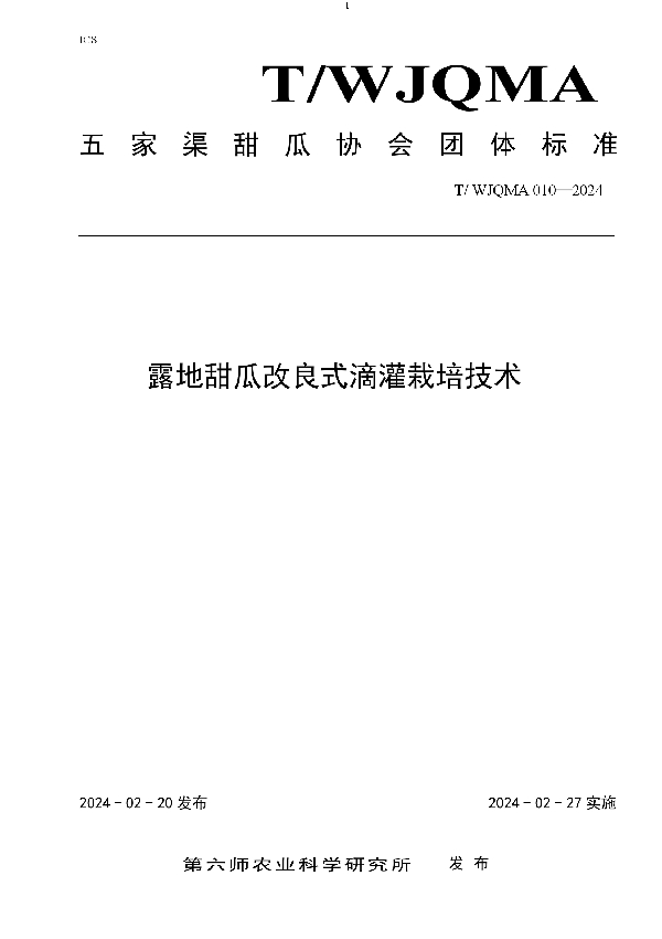 T/WJQMA 010-2024 露地甜瓜改良式滴灌栽培技术