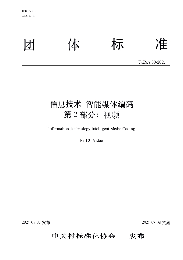 T/ZSA 30-2021 信息技术 智能媒体编码  第2部分：视频