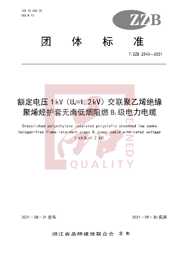 T/ZZB 2343-2021 额定电压1 kV（Um=1.2 kV）交联聚乙烯绝缘聚烯烃护套无卤低烟阻燃B1级电力电缆