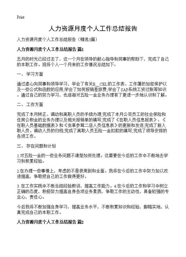 人力资源月度个人工作总结报告 (共5页)