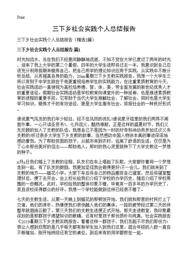 三下乡社会实践个人总结报告 (共4页)