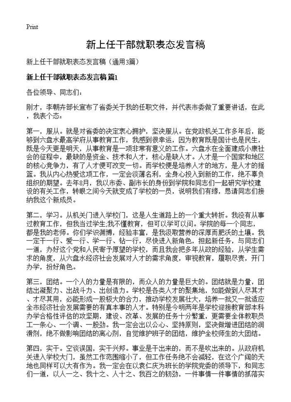 新上任干部就职表态发言稿 (共4页)