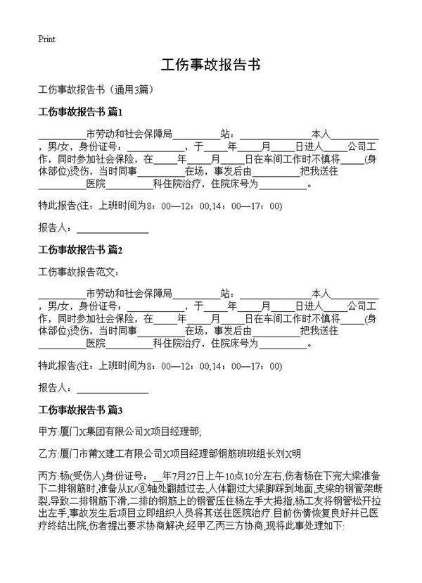 工伤事故报告书 (共2页)