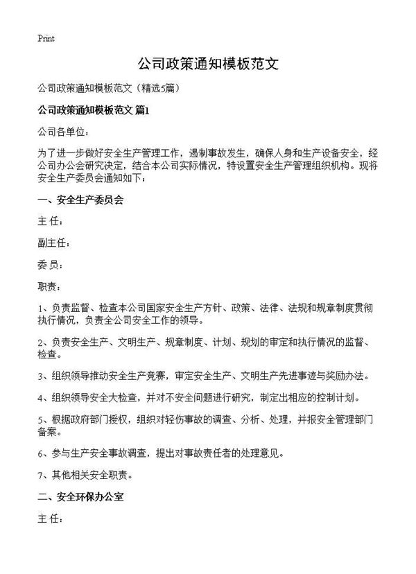 公司政策通知模板范文 (共4页)