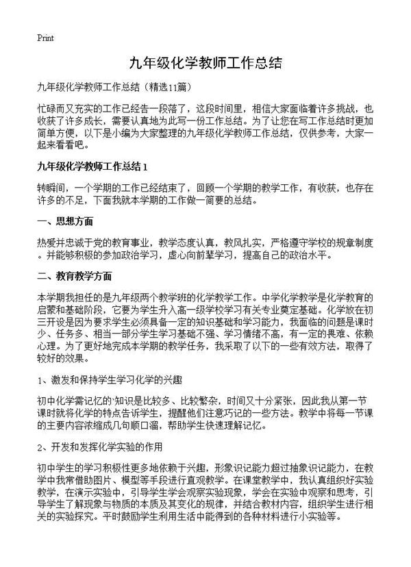 九年级化学教师工作总结 (共13页)