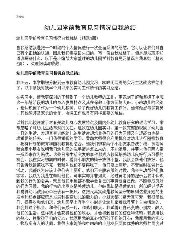 幼儿园学前教育见习情况自我总结 (共7页)