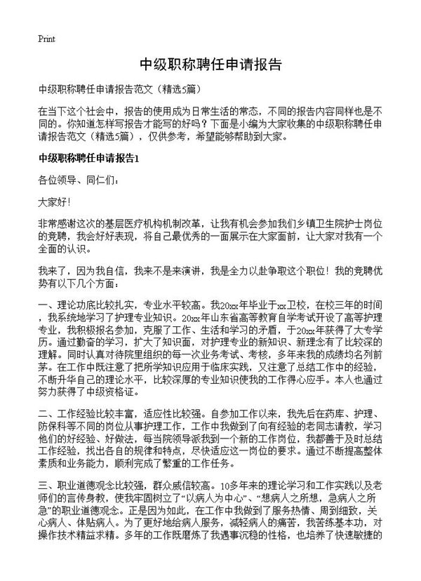 中级职称聘任申请报告 (共6页)