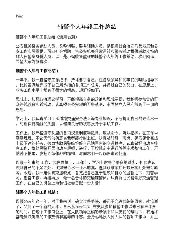 辅警个人年终工作总结 (共13页)