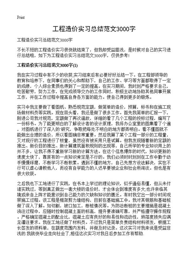 工程造价实习总结范文3000字 (共4页)