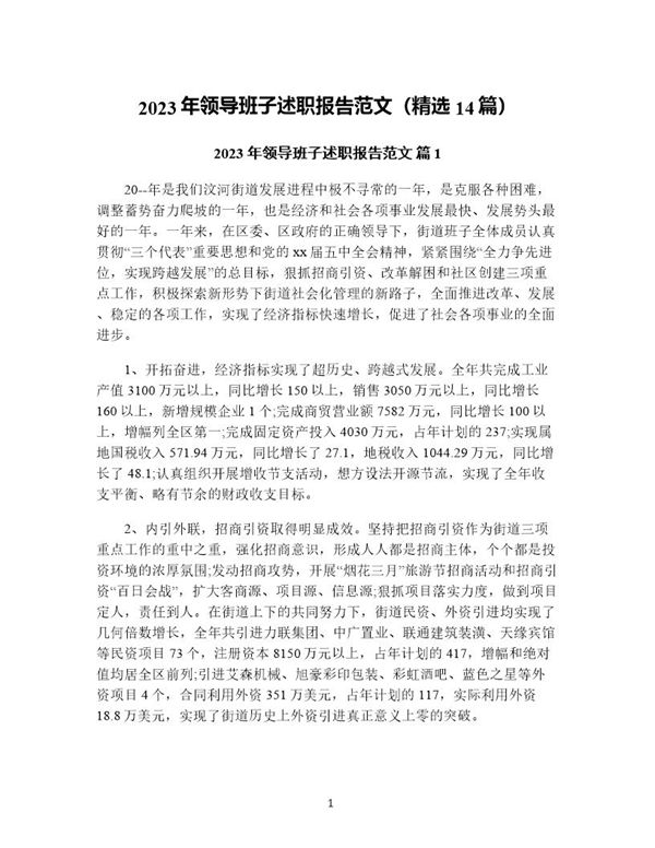 年领导班子述职报告范文(精选) (共59页)