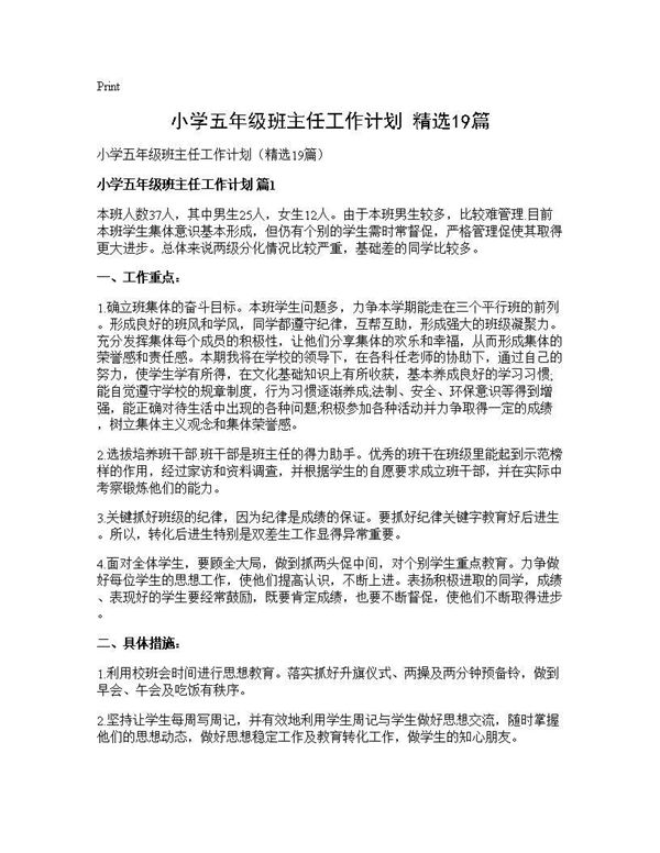 小学五年级班主任工作计划(精选) (共41页)