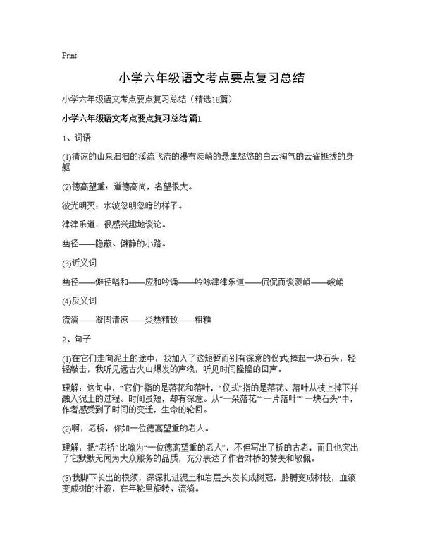 小学六年级语文考点要点复习总结 (共26页)