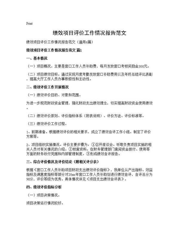 绩效项目评价工作情况报告范文 (共31页)