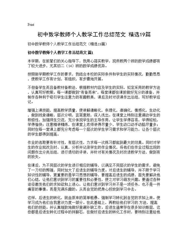 初中数学教师个人教学工作总结范文(精选) (共25页)