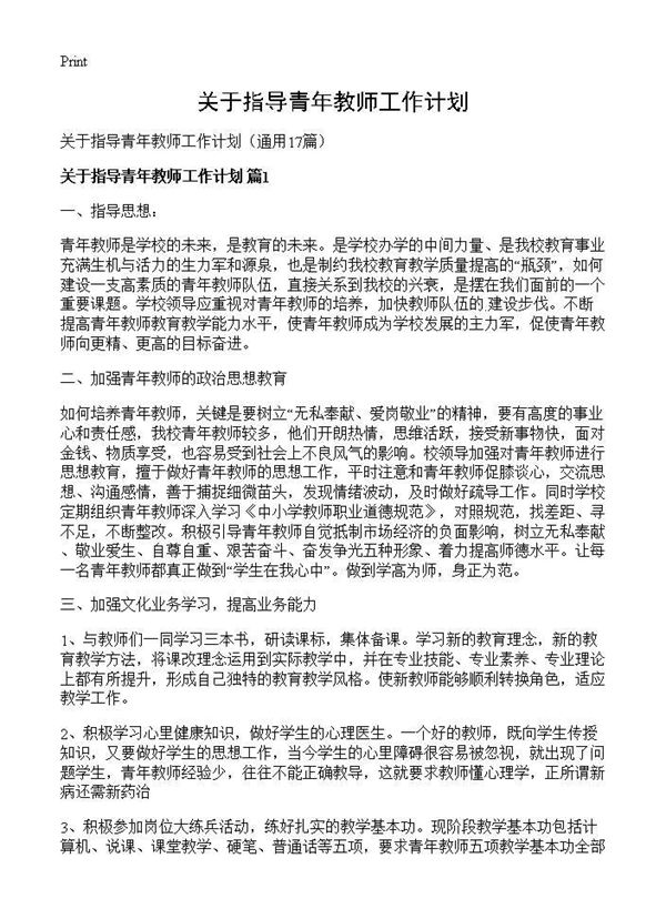 关于指导青年教师工作计划 (共23页)