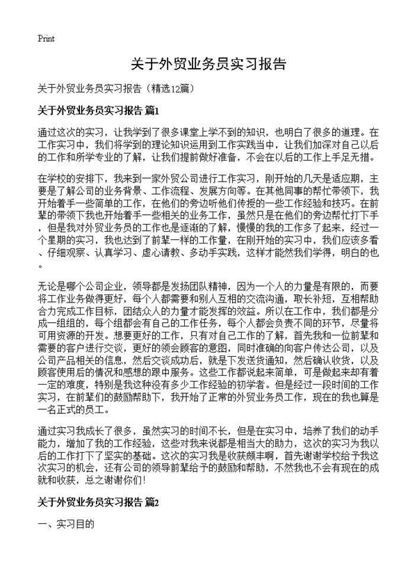 关于外贸业务员实习报告 (共18页)