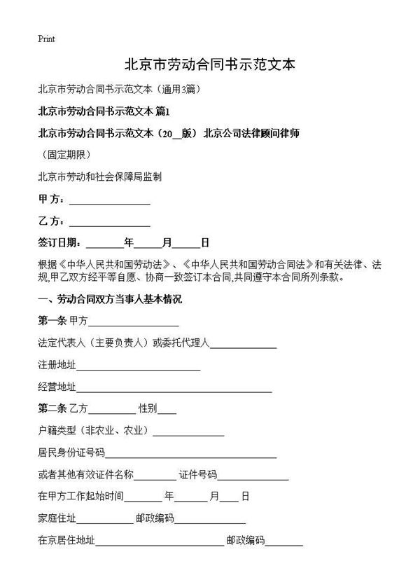 北京市劳动合同书示范文本 (共13页)