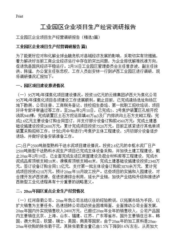 工业园区企业项目生产经营调研报告 (共6页)