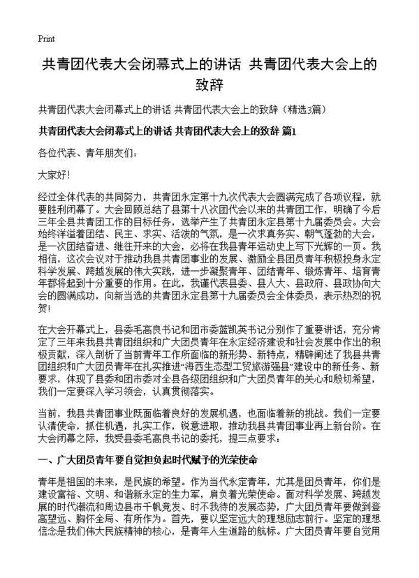 共青团代表大会闭幕式上的讲话 共青团代表大会上的致辞 (共6页)